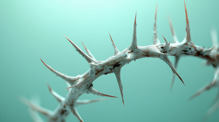Close-up of a thorny branch on a teal background.