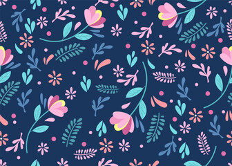 Fototapeta premium seamless Floral pattern. Pretty flowers on dark blue background. Seamless vector texture. Spring bouquet