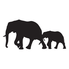 Silhouette illustration of a mother elephant walking alongside her baby elephant on a white background