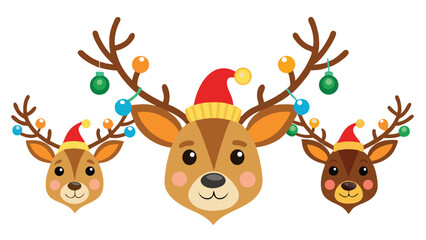 Three Cartoon Reindeer Faces with Christmas Lights and Hats on a White Background