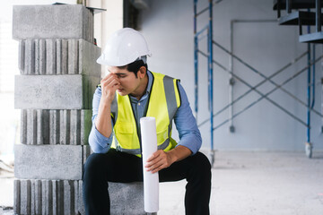 Asian male engineer wearing a hard hat and safety vest sits on concrete blocks, visibly stressed...