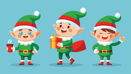 Three Cheerful Christmas Elves in Green Suits on a Light Blue Background