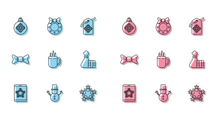 Set line Christmas on smartphone and snowflake, snowman, ball, Snowflake, Coffee cup, Gift box bag, Bow tie and wreath icon. Vector