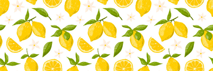 Hand drawn set of colored crayon of lemons on a branch. Leaves and flowers of citrus fruits. Vector Italian summer seamless pattern in Mediterranean vintage style