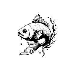 Detailed Black and White Illustration of a Single Fish with Decorative Elements