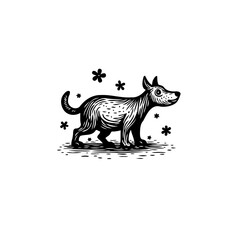 Monochrome dog woodcut illustration with playful stars for creative projects