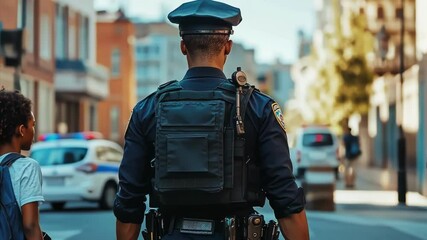 A police officer on patrol in an urban setting, fostering community safety.