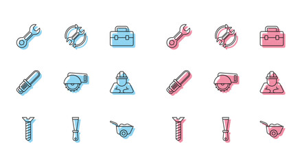 Set line Metallic screw, Putty knife, Wrench spanner, Wheelbarrow, Electric circular saw, Builder, Chainsaw and and arrows as workflow icon. Vector