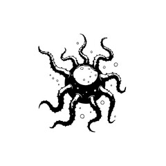 Creepy black and white illustration of a monster with tentacles and a central sphere © LgsDesign