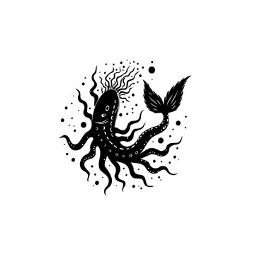 Mystical ocean creature silhouette with stylized octopus and fishtail illustration