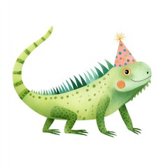 Fototapeta premium Cute happy green iguana with party hat - watercolor illustration for celebration and kid's design