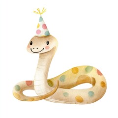 Fototapeta premium Cute happy snake in party hat watercolor illustration for children's room decor or birthday celebrations