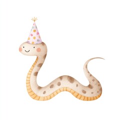 Cute happy snake watercolor illustration with party hat for children's room decoration or birthday card design