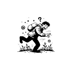 Confused Cartoon Man Running Away from Virus or Germs with Question Mark