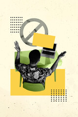Vertical art creative zine photo collage of puzzled businessman sit back restriction symbol laptop...
