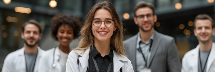 Portrait of diverse medical professionals smiling inside of modern Hospital, clinic