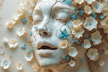 Ethereal Porcelain Face Adorned with Flowers and Stars