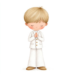 Charming watercolor illustration of a young boy in prayer pose wearing a white outfit, ideal for child-themed designs, religious events, and creative projects