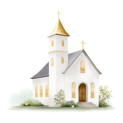 Tranquil watercolor of a vintage white church with golden accents on a serene landscape