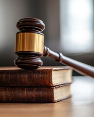 Elegant wooden gavel resting on stacked legal books in a bright courtroom setting, symbolizing justice and law