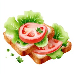 Watercolor picnic delight: open sandwich with fresh tomato and lettuce for culinary art and design inspiration