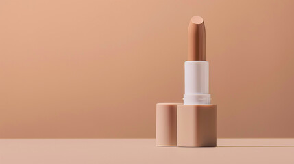 Nude lipstick. Close up of an open lipstick tube, the color matches the neutral tan background. Uploaded file of a cosmetic product.
