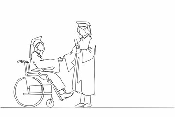 Continuous one line drawing full length of female graduate student in wheelchair shaking hand with female graduate student standing and holding diploma. Single line design vector graphic illustration