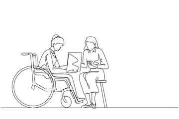 Single continuous line drawing disabled woman patient in wheelchair talking with doctor, discuss results of medical examination. Doctor hold checklist. One line draw graphic design vector illustration