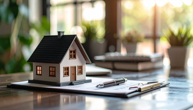 Building architecture with a vibrant 3D house model on a table, showcasing residential property concepts for real estate illustration, ideal for sales and construction