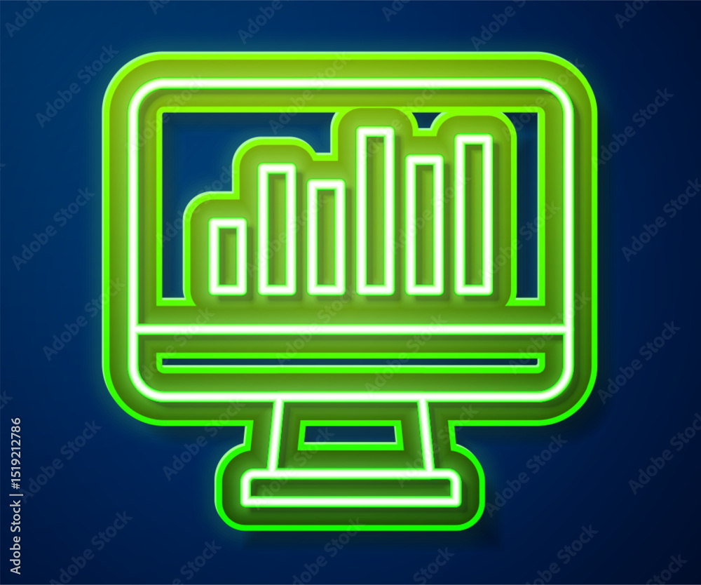 Poster glowing neon line computer monitor with graph chart icon isolated on blue background. report text fi
