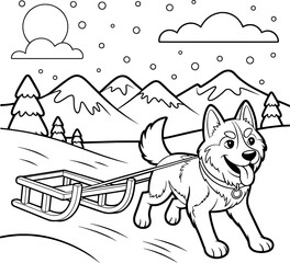 Happy husky pulling sled snowy mountain winter scene