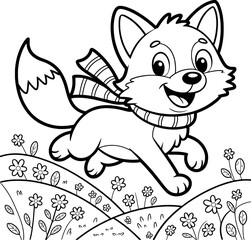 Happy fox kit running through spring flowers coloring page
