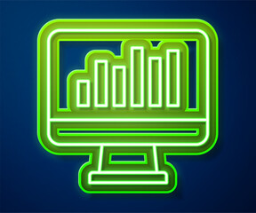 Glowing neon line Computer monitor with graph chart icon isolated on blue background. Report text file icon. Accounting sign. Audit, analysis, planning. Vector