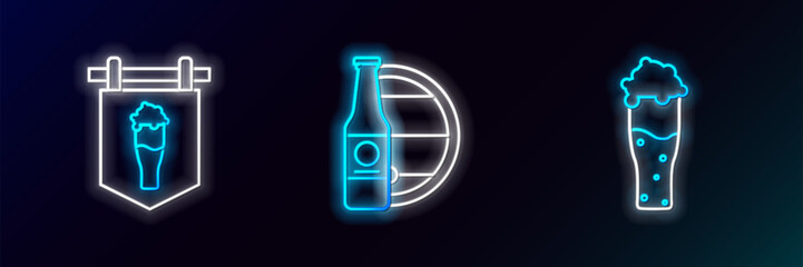 Set line Glass of beer, Street signboard with glass and Beer bottle and wooden barrel icon. Glowing neon. Vector