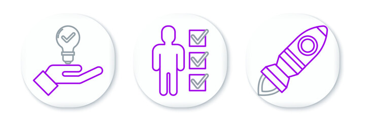 Set line Rocket ship with fire, Light bulb in hand and User of man business suit icon. Vector