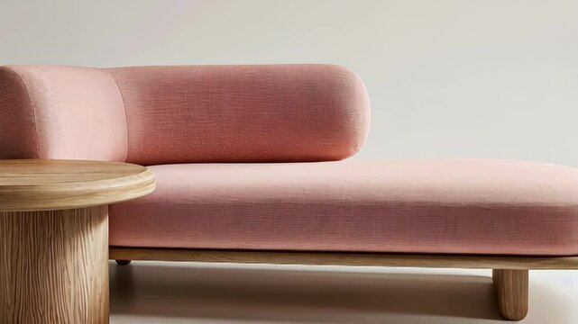 Pink chaise lounge and wood side table on white background for interior design.