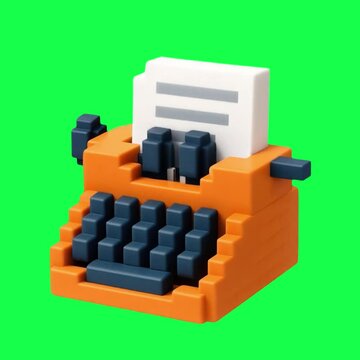 Retro pixelated typewriter toy animation, transparent 4K video, green screen