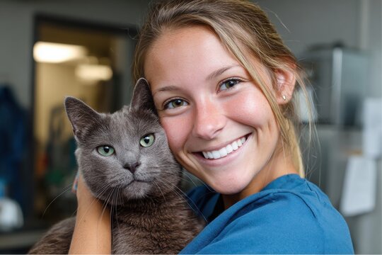 Smiling veterinary technician hugging a gray domestic shorthair cat during the day
