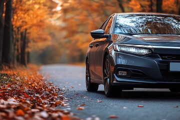 A dark grey compact sedan on a paved road with small roadside plants and dry leaves 
