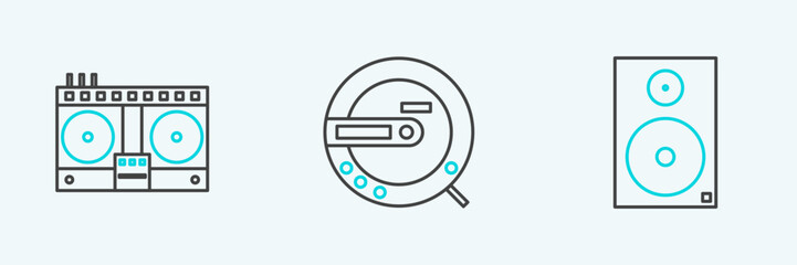 Set line Stereo speaker, DJ remote for playing and mixing music and Music CD player icon. Vector