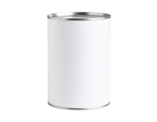 A plain, cylindrical metal can with a blank white label and sealed top.