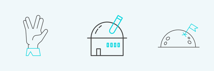 Set line Planet with flag, Vulcan salute and Astronomical observatory icon. Vector