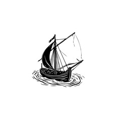 Nautical voyage: Detailed woodcut illustration of a sailing ship at sea on white