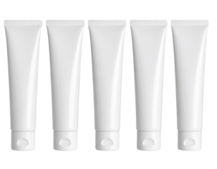 Five identical white squeeze tubes with flip-top caps are arranged in a row.