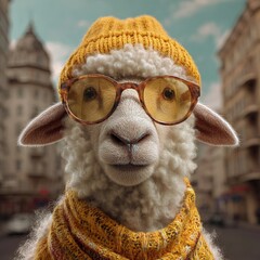 A sheep wearing a yellow beanie and glasses in a city with a scarf around its neck in the daytime