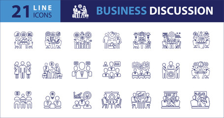 Business Discussion line icons. Business meeting, Containing conference, team, conference, work, interview, discussion and more