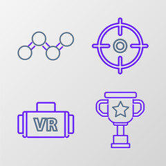 Set line Award cup, Virtual reality glasses, Target sport and Share icon. Vector