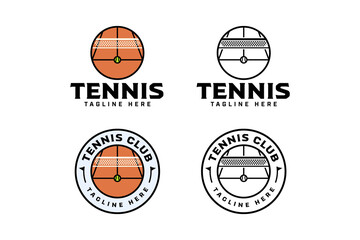 tennis court with net and ball colorful illustration logo design. tennis field arena with ball and net circle outline badge logo design set for tennis sport club and tournament