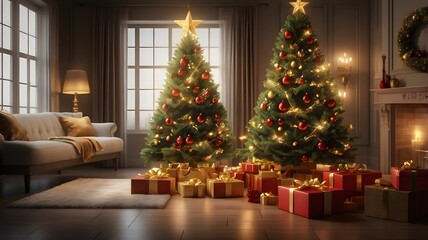 Cozy Christmas Living Room with Decorated Trees and Wrapped Gifts