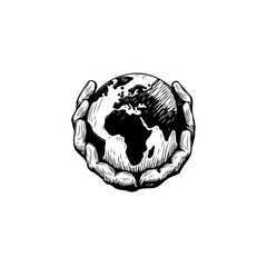 Hands holding earth illustration: symbolizes protection, care and global harmony